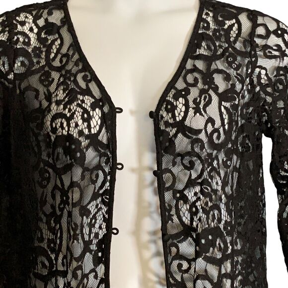 Chris McLaughlin Black Lace Cardigan Large Gothic Glam Sweater Tassel Fringe NEW - Picture 2 of 9